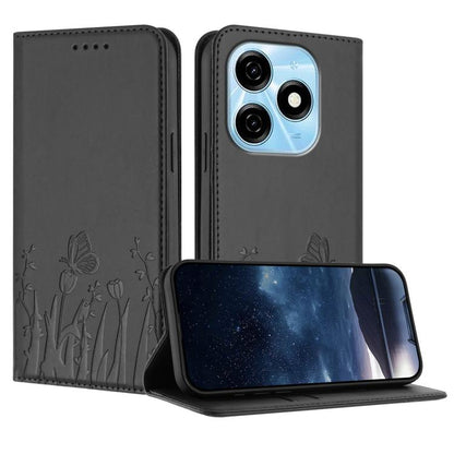 Black faux leather phone case with butterfly and flower pattern, folio cover