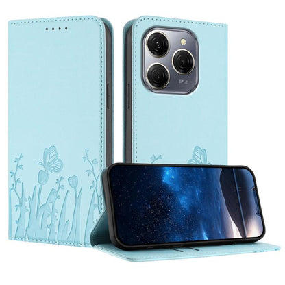Vegan leather phone case with tulip and butterfly pattern, light blue flip cover