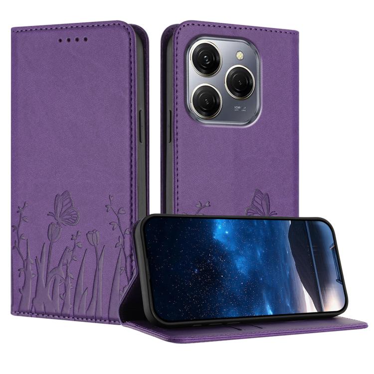 Purple magnetic vegan leather phone case with butterfly and tulip pattern, flip cover