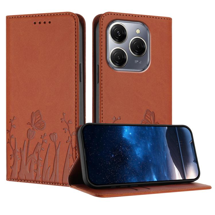 Orange magnetic vegan leather phone case with butterfly and tulip pattern, flip cover