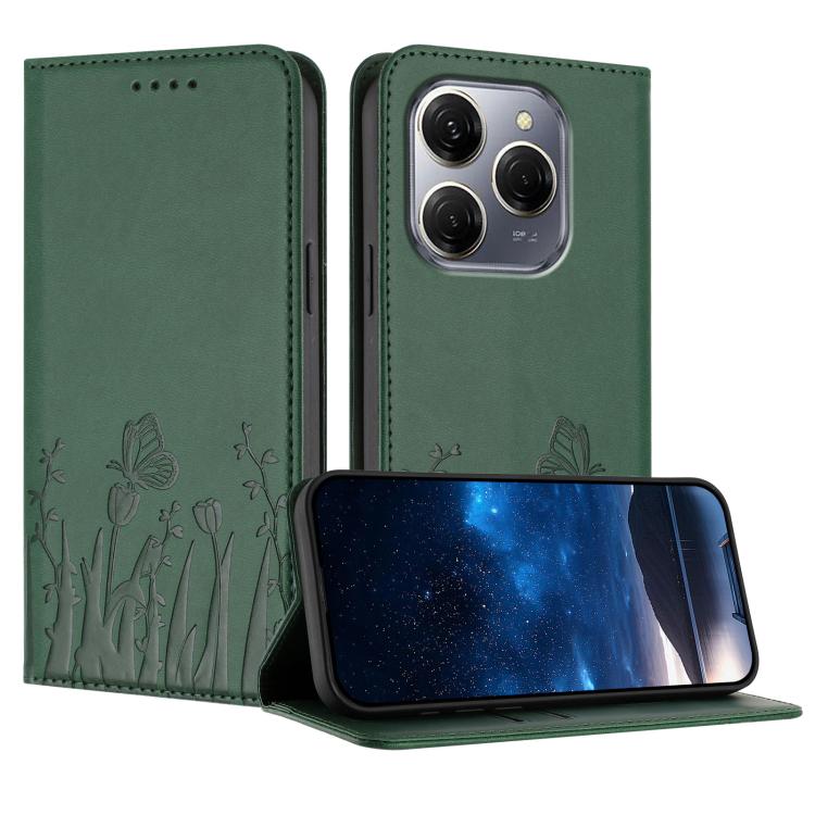 Dark green magnetic vegan leather phone case with butterfly and tulip pattern, flip cover