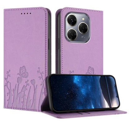 Light purple magnetic vegan leather phone case with butterfly and tulip pattern, flip cover