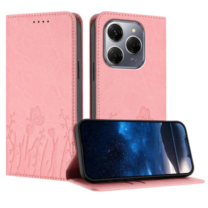 Pink magnetic vegan leather phone case with butterfly and tulip pattern, flip cover