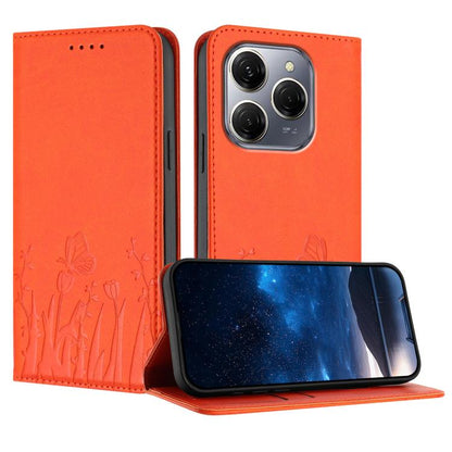 Orange magnetic vegan leather phone case with butterfly and tulip pattern, flip cover