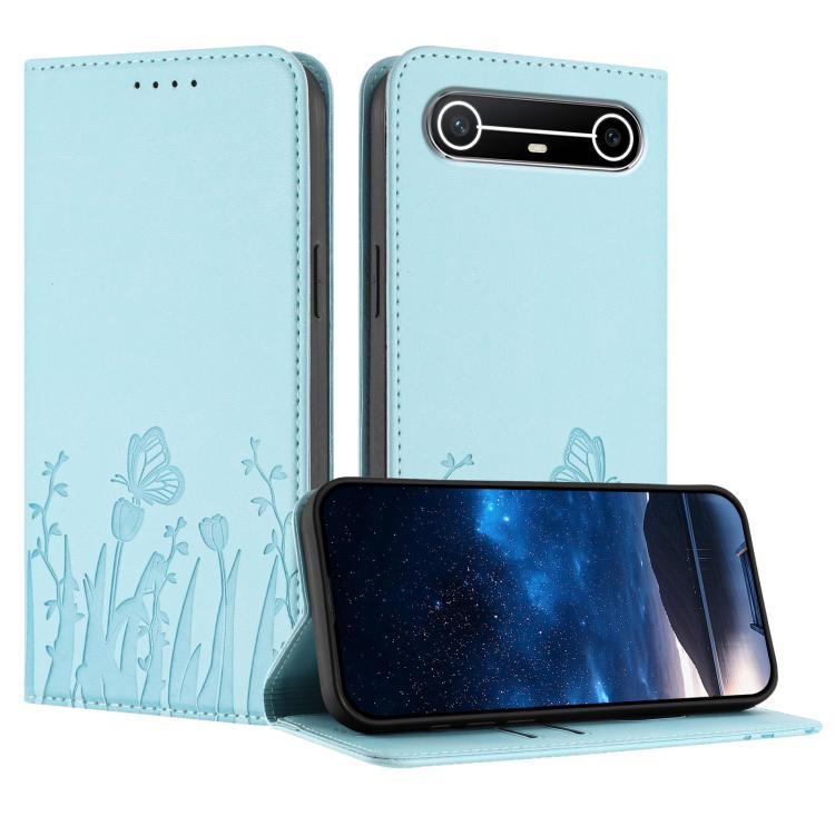 Magnetic vegan leather phone case with tulip and butterfly pattern, light blue