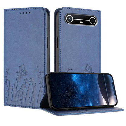 Magnetic vegan leather phone case with tulip and butterfly pattern, slate blue