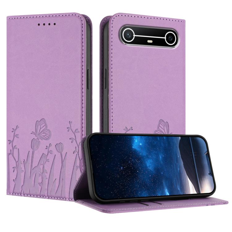 Light purple magnetic vegan leather phone case with tulip and butterfly pattern, stand cover.