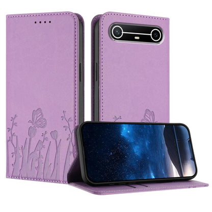 Light purple magnetic vegan leather phone case with tulip and butterfly pattern, stand cover.