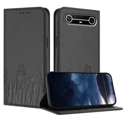 Black magnetic vegan leather phone case with tulip and butterfly pattern, stand cover.