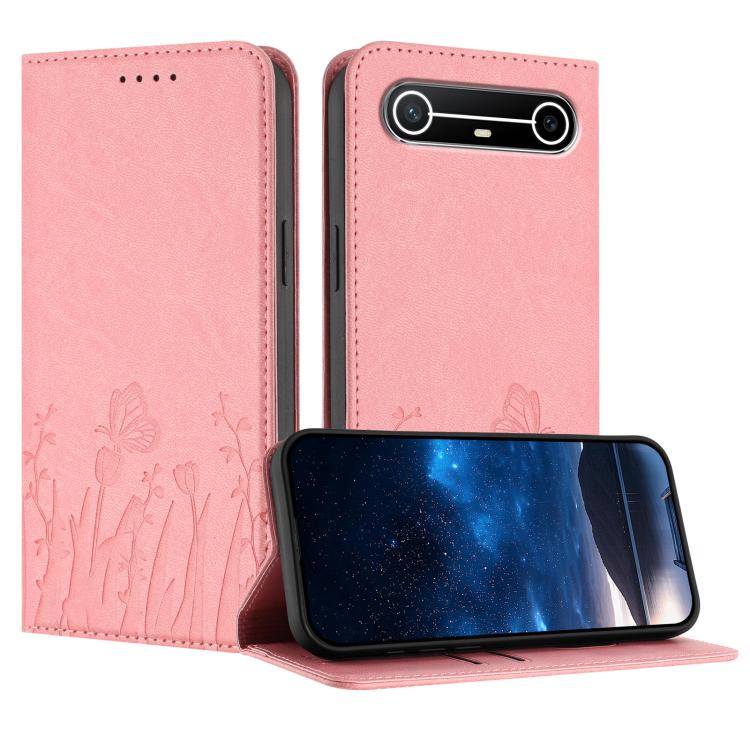 Pink magnetic vegan leather phone case with tulip and butterfly pattern, stand cover.