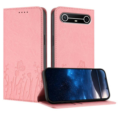 Pink magnetic vegan leather phone case with tulip and butterfly pattern, stand cover.