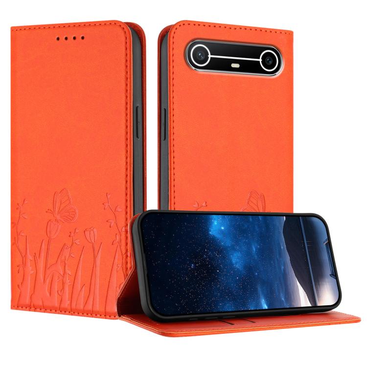 Orange magnetic vegan leather phone case with tulip and butterfly pattern, stand cover.