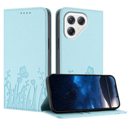 Light blue magnetic vegan leather phone case with tulip and butterfly pattern, stand cover.