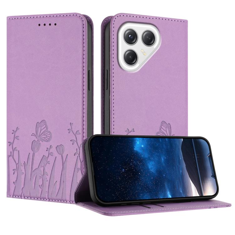 Lavender tulip and butterfly patterned magnetic vegan leather phone case with flip cover