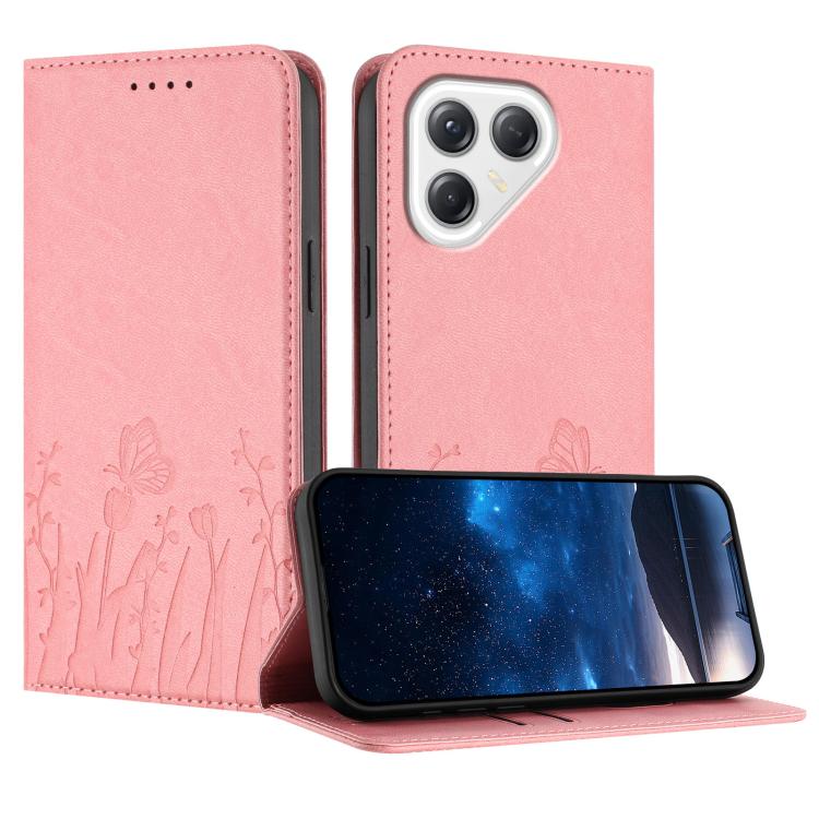 Pink tulip and butterfly patterned magnetic vegan leather phone case with flip cover