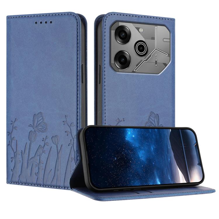 Blue magnetic vegan leather phone case with tulip and butterfly pattern, stand cover