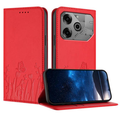 Red magnetic vegan leather phone case with tulip and butterfly pattern, stand cover
