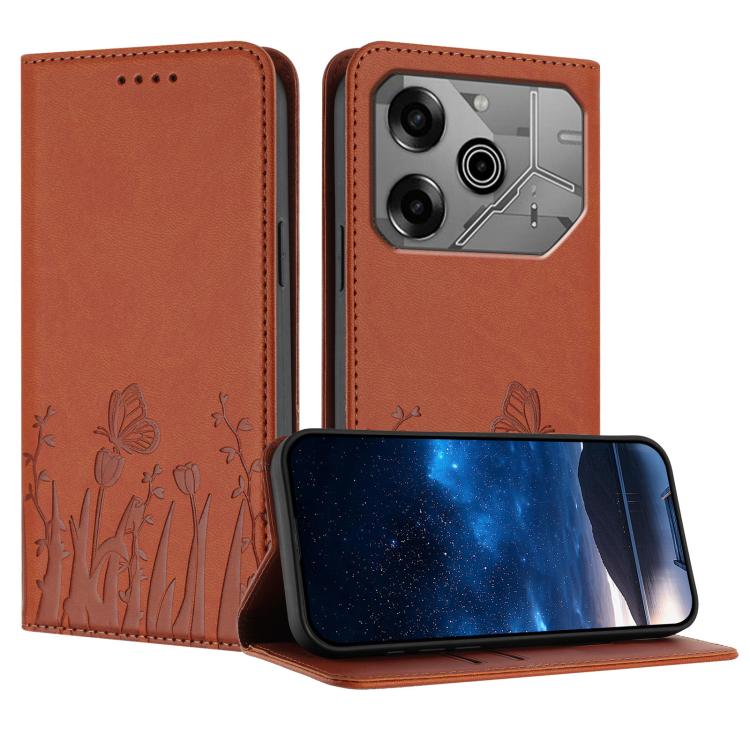 Orange floral tulip and butterfly magnetic vegan leather folio phone case
