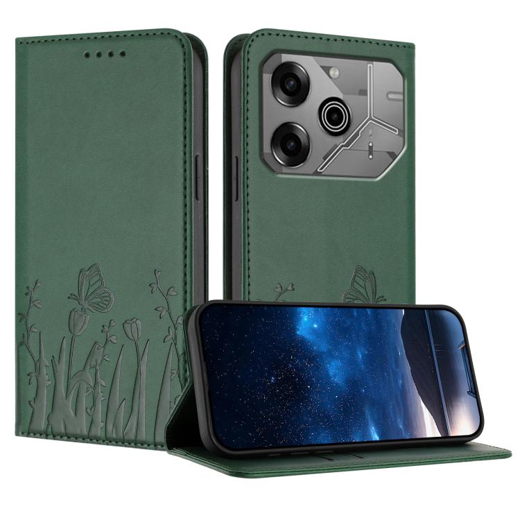 Dark green floral tulip and butterfly magnetic vegan leather folio phone case