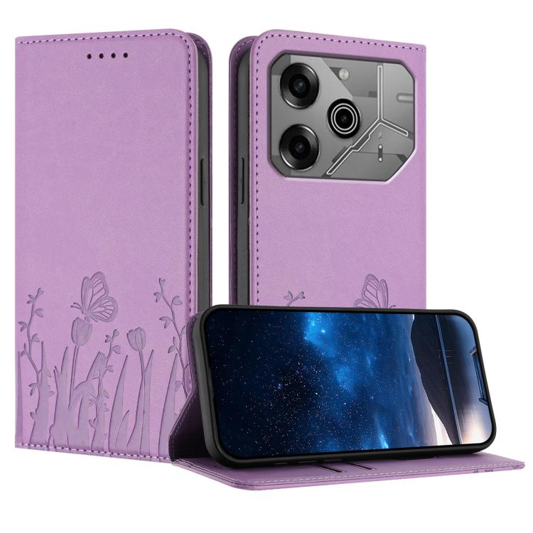 Light purple floral tulip and butterfly magnetic vegan leather folio phone case