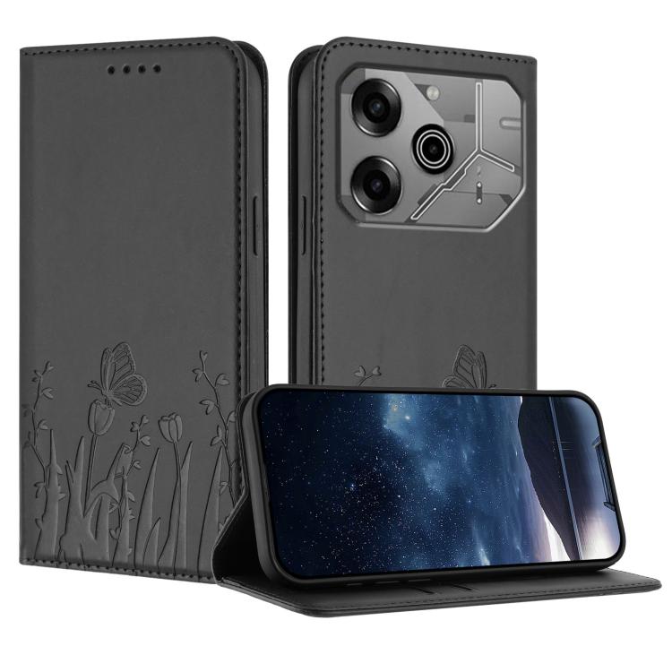 Dark gray floral tulip and butterfly magnetic vegan leather folio phone case
