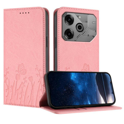 Pink floral tulip and butterfly magnetic vegan leather folio phone case