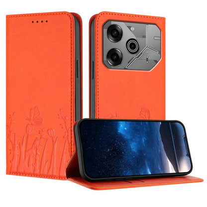 Orange floral tulip and butterfly magnetic vegan leather folio phone case