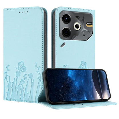 Magnetic vegan leather phone case, light blue with butterfly floral pattern and camera cutout