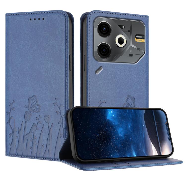 Magnetic vegan leather phone case, slate blue with butterfly floral pattern and camera cutout