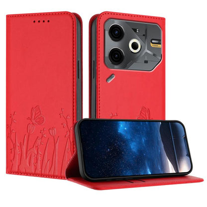 Magnetic vegan leather phone case, red with butterfly floral pattern and camera cutout