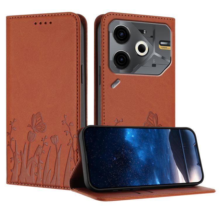 Orange magnetic vegan leather phone case with tulip and butterfly pattern, stand cover