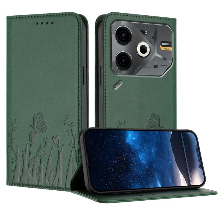 Green magnetic vegan leather phone case with tulip and butterfly pattern, stand cover