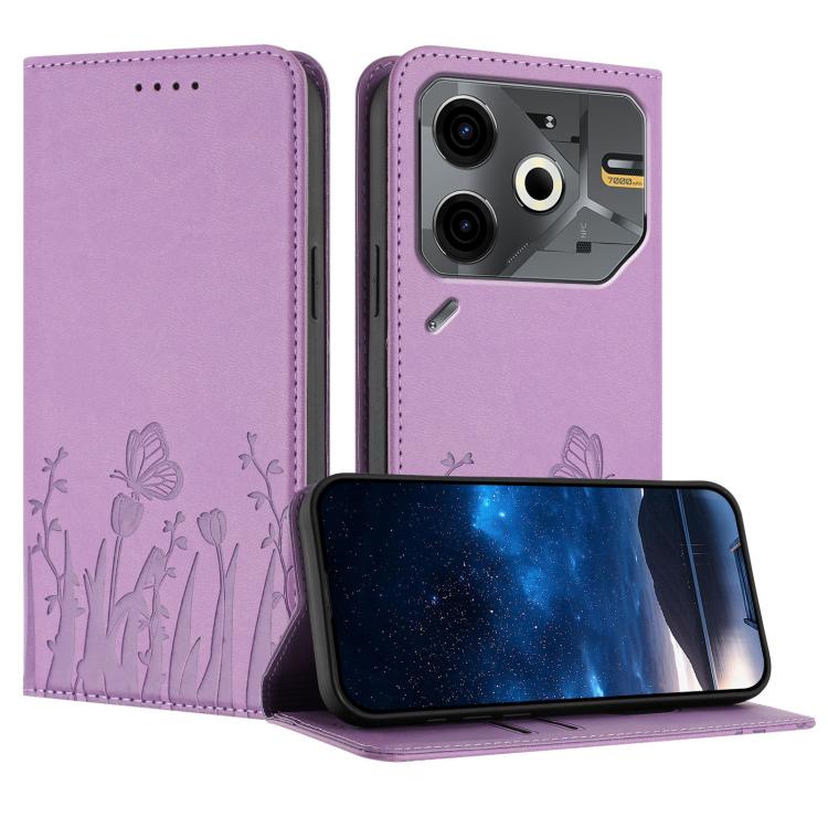 Light purple magnetic vegan leather phone case with tulip and butterfly pattern, stand cover