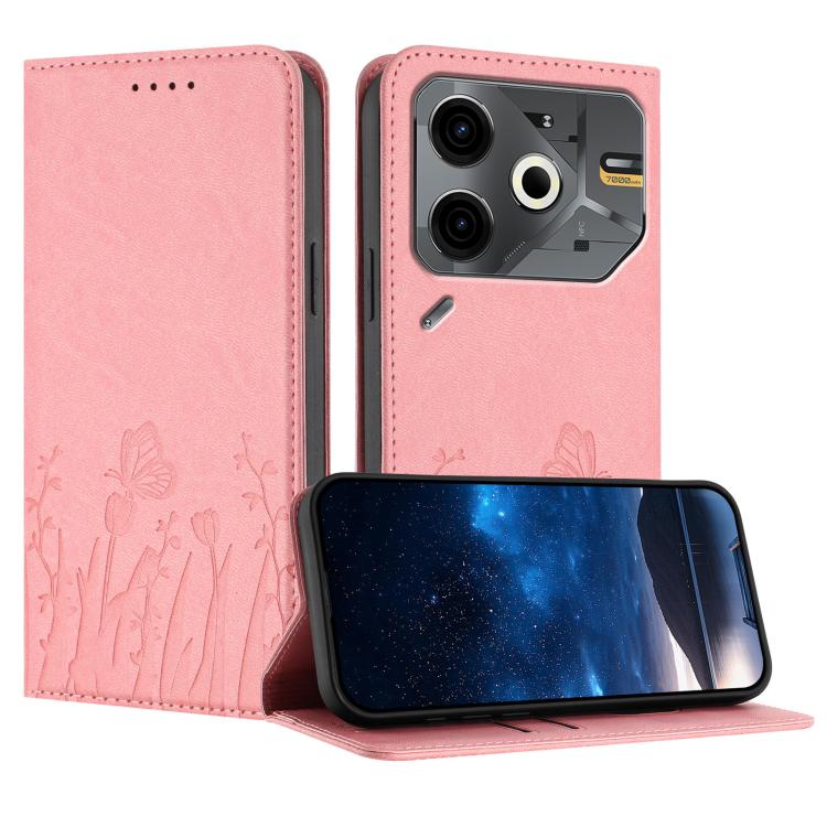 Pink magnetic vegan leather phone case with tulip and butterfly pattern, stand cover
