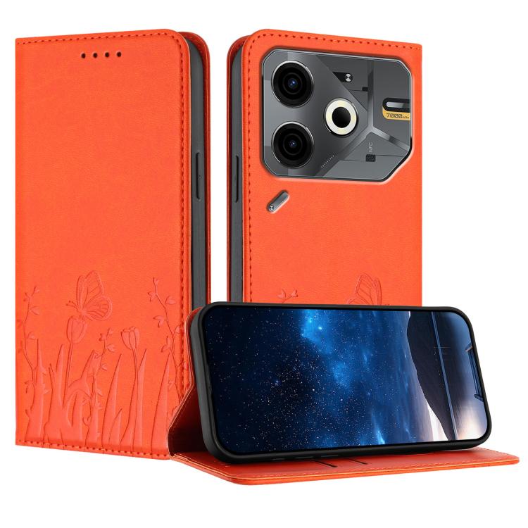 Orange-red magnetic vegan leather phone case with tulip and butterfly pattern, stand cover