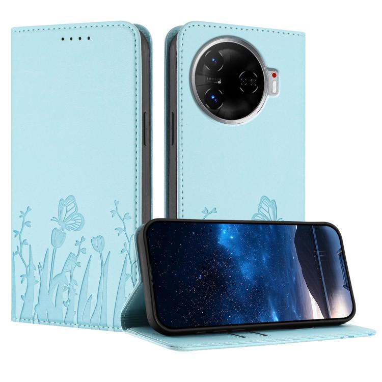 Light blue floral tulip and butterfly magnetic vegan leather folio phone case