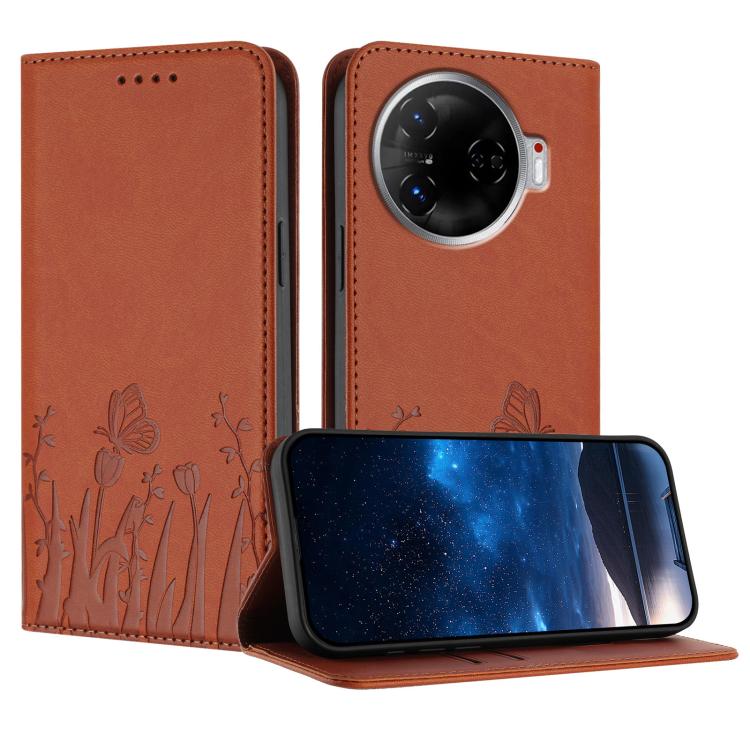 Vegan leather phone case with tulip and butterfly pattern, orange flip cover