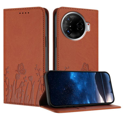 Vegan leather phone case with tulip and butterfly pattern, orange flip cover