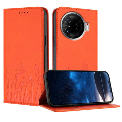 Vegan leather phone case with tulip and butterfly pattern, orange flip cover
