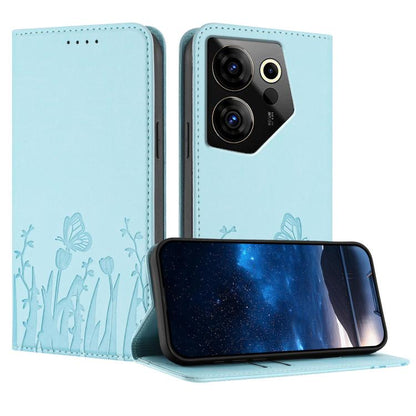 Light blue magnetic vegan leather phone case with tulip butterfly pattern and flip stand