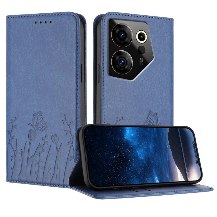 Blue-gray magnetic vegan leather phone case with tulip butterfly pattern and flip stand