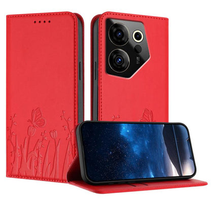 Red magnetic vegan leather phone case with tulip butterfly pattern and flip stand