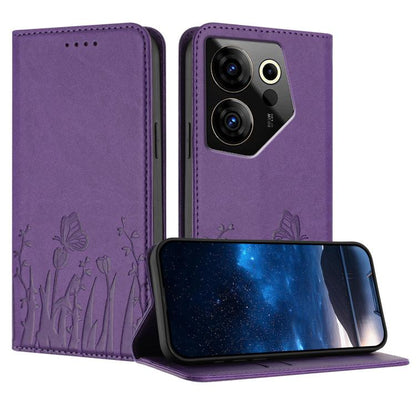 Purple magnetic vegan leather phone case with tulip and butterfly pattern, flip cover