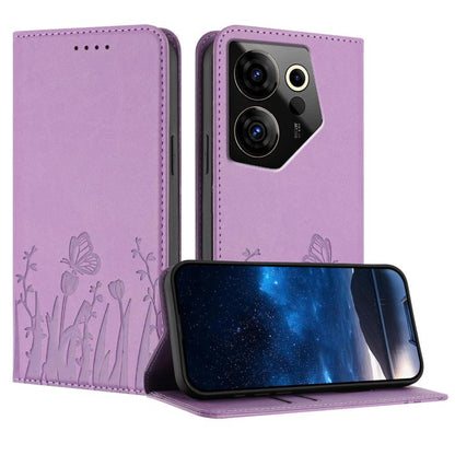 Light purple magnetic vegan leather phone case with tulip and butterfly pattern, flip cover