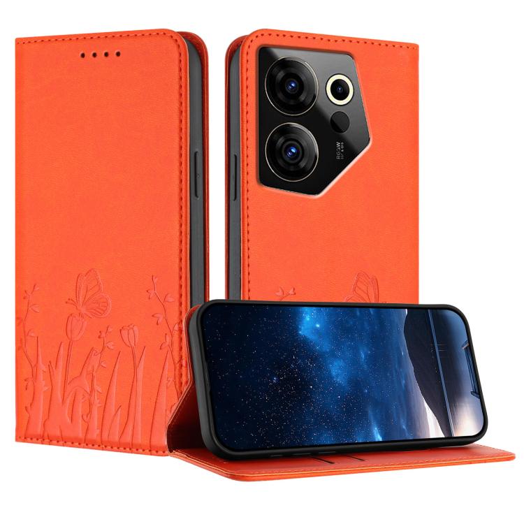 Orange magnetic vegan leather phone case with tulip and butterfly pattern, flip cover