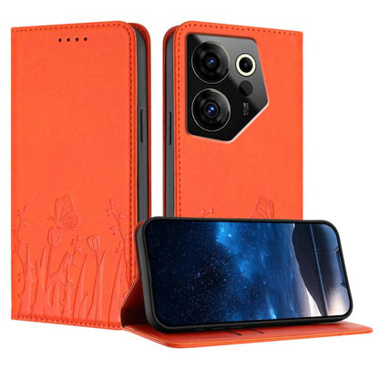 Orange magnetic vegan leather phone case with tulip and butterfly pattern, flip cover
