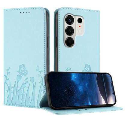 Light blue magnetic vegan leather phone case with tulip and butterfly folio design