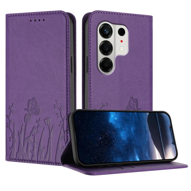 Magnetic vegan leather phone case with tulip and butterfly pattern, purple