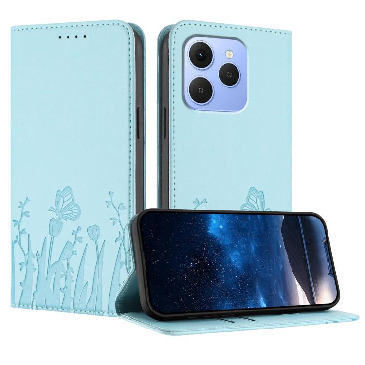 Light blue magnetic vegan leather phone case with tulip and butterfly pattern, flip cover.