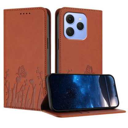 Magnetic vegan leather phone case, terracotta orange with tulip and butterfly pattern, folio